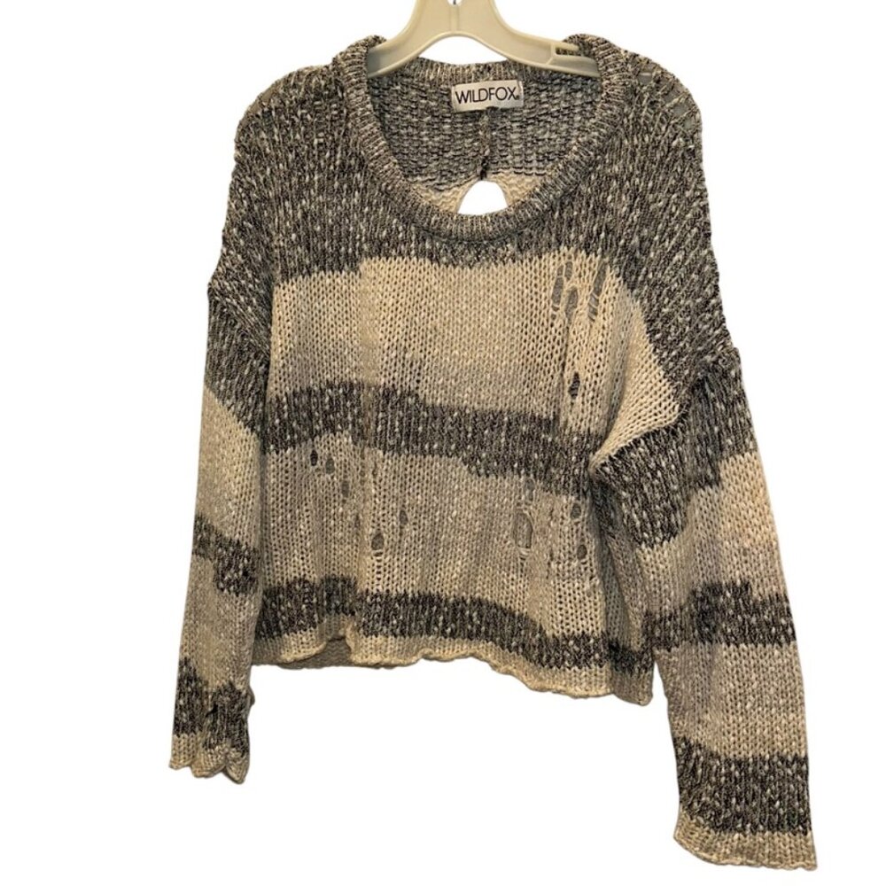 WILDFOX gray cream OPEN BACK distressed crochet knit sweater M